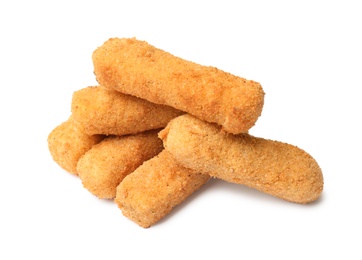 Photo of Tasty crispy cheese sticks on white background