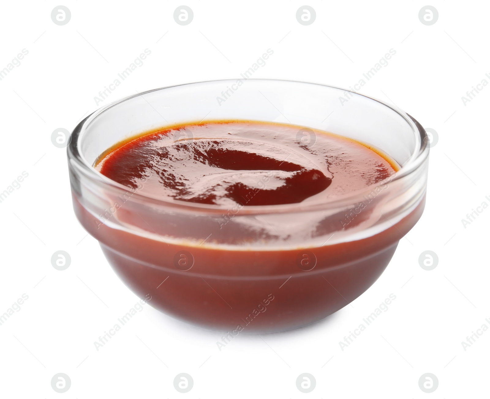 Photo of Glass bowl of barbecue sauce on white background