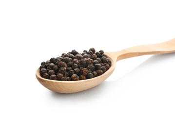 Photo of Wooden spoon with black pepper grains on white background