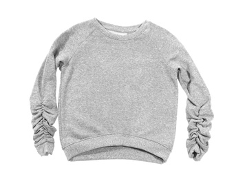 Cozy warm sweater on white background, top view