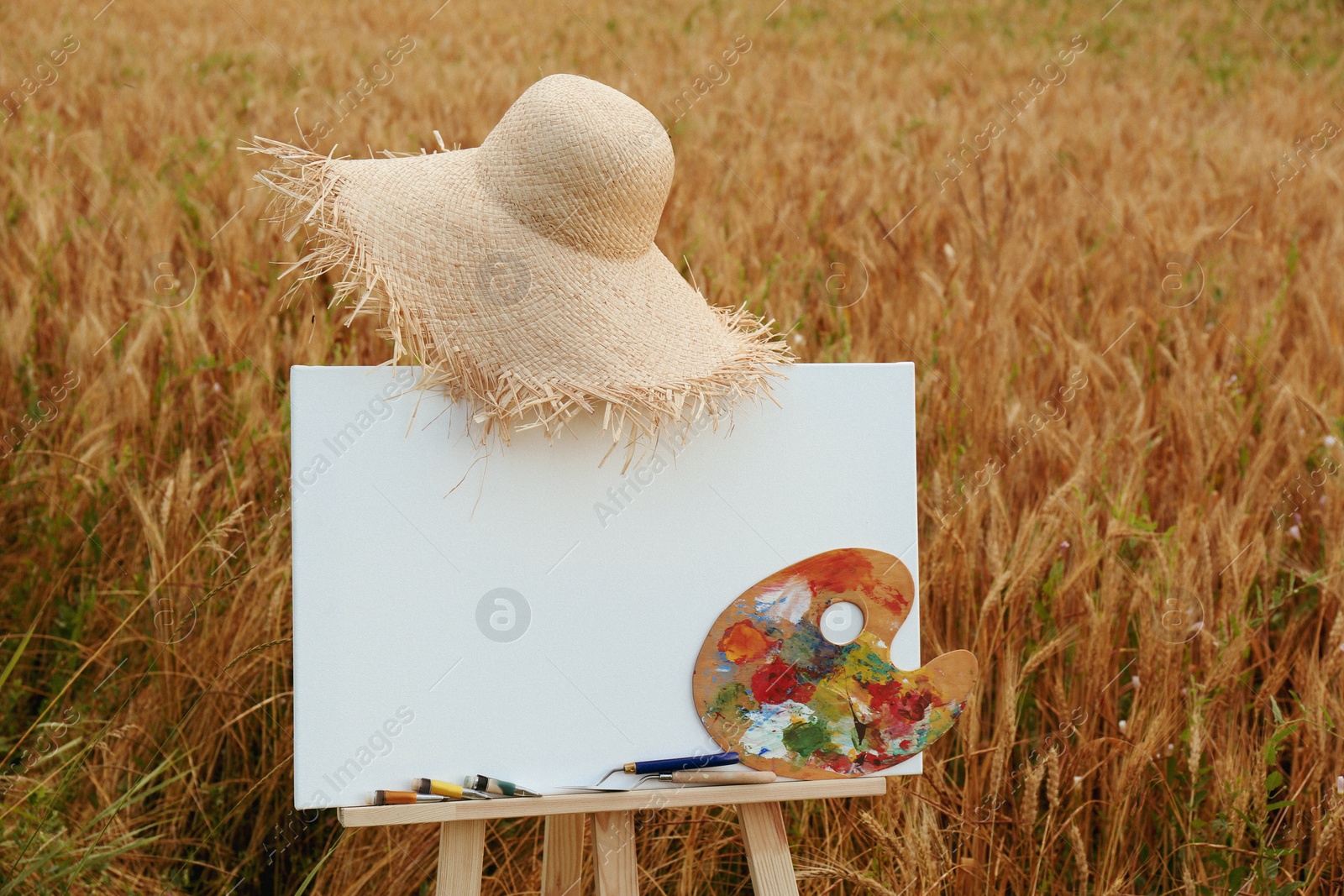 Photo of Wooden easel with blank canvas, painting equipment and hat in field. Space for text