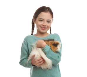 Photo of Happy little girl with guinea pig on white background. Childhood pet