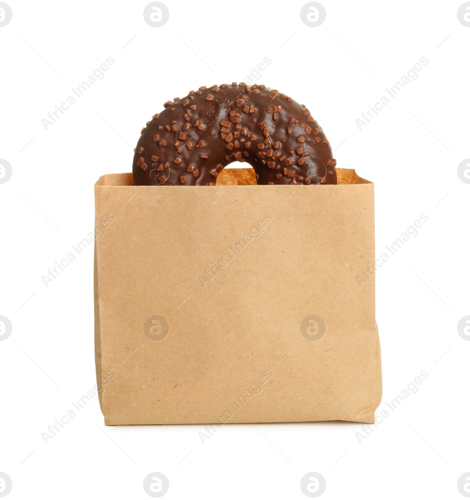 Photo of Paper bag with donut on white background. Space for design