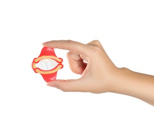 Photo of Woman holding condom with applicator on white background, closeup