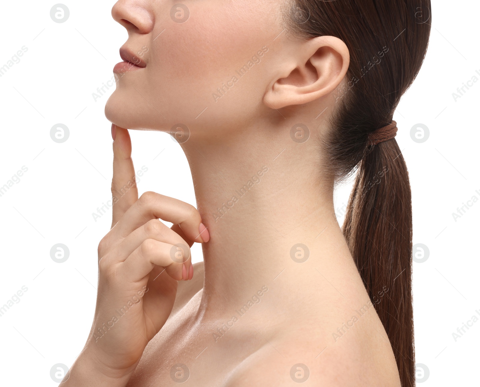 Photo of Woman touching her chin on white background, closeup