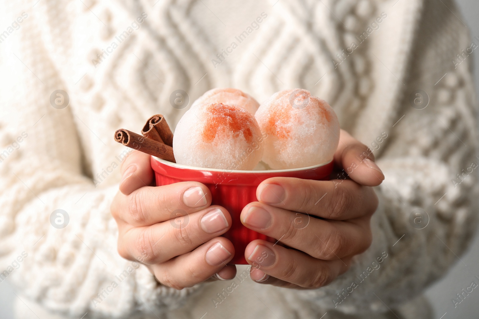 Photo of Woman with bowl of snow ice cream, closeup