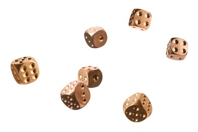 Image of Seven golden dice in air on white background