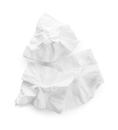 Photo of Crumpled paper napkins on white background, top view