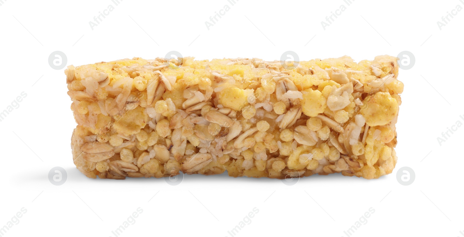 Photo of One tasty granola bar isolated on white