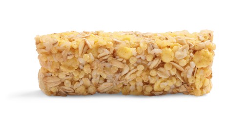 Photo of One tasty granola bar isolated on white