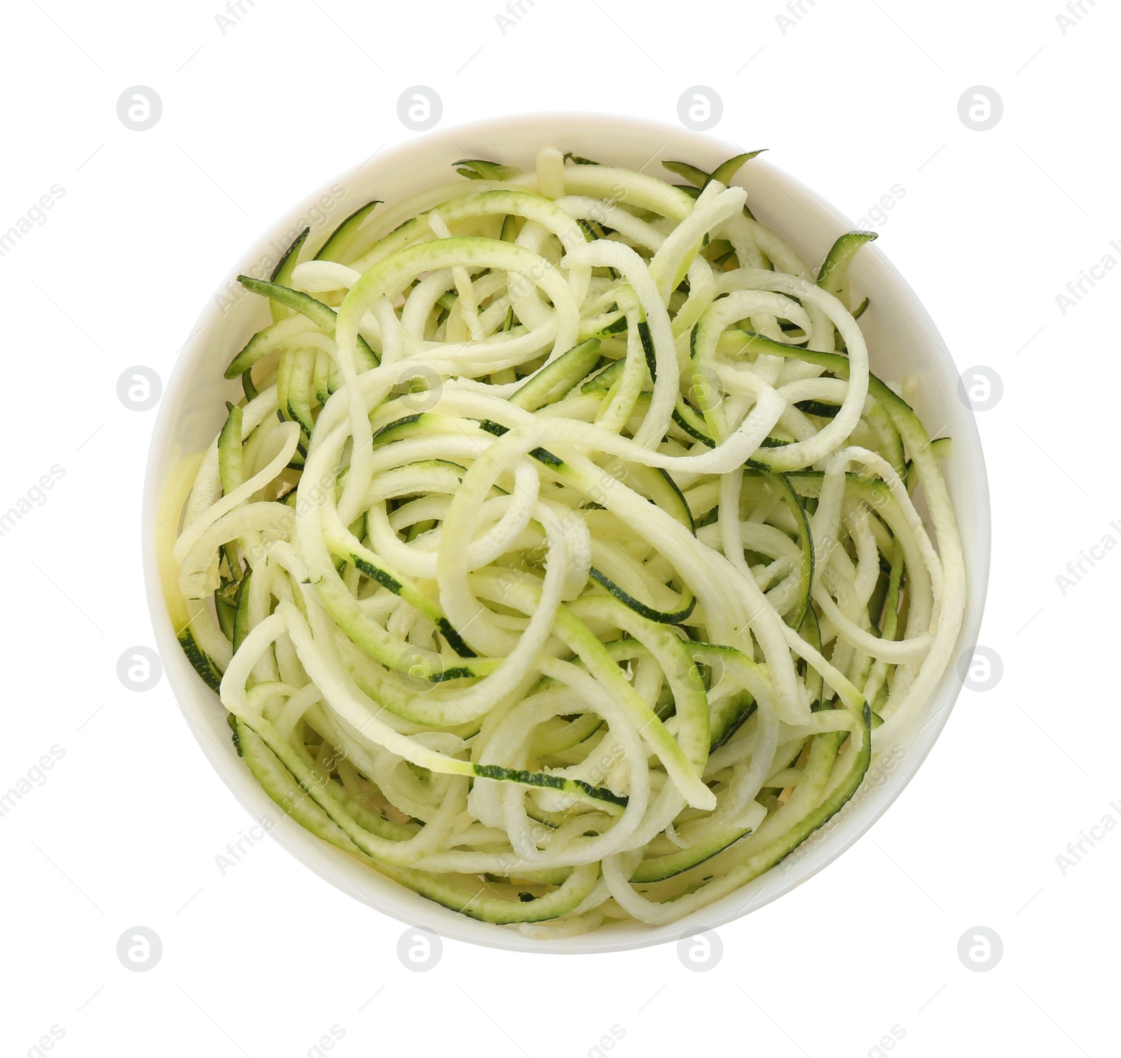 Photo of Delicious fresh zucchini pasta on white background, top view