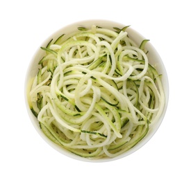 Photo of Delicious fresh zucchini pasta on white background, top view