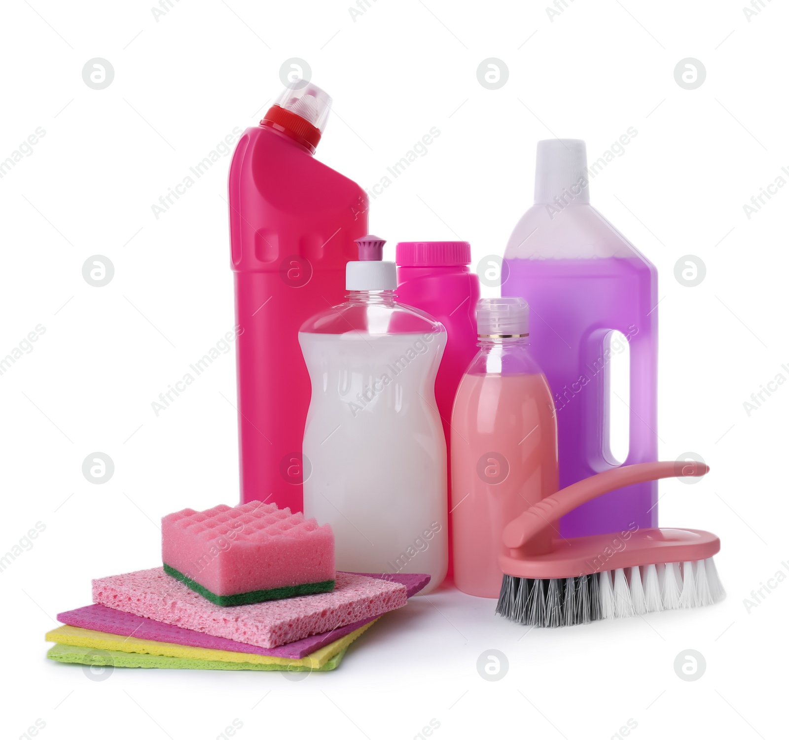 Photo of Set of different cleaning supplies on white background