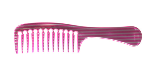 New pink hair comb isolated on white, top view