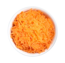 Fresh grated carrot in bowl isolated on white, top view
