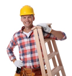 Photo of Professional constructor with wooden ladder on white background