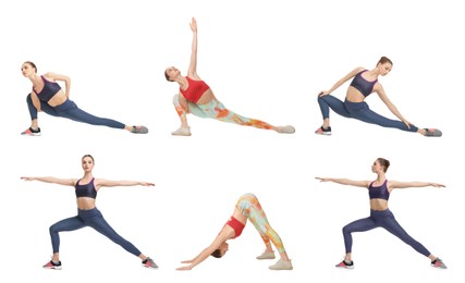 Young woman practicing yoga on white background. Collage with different asanas