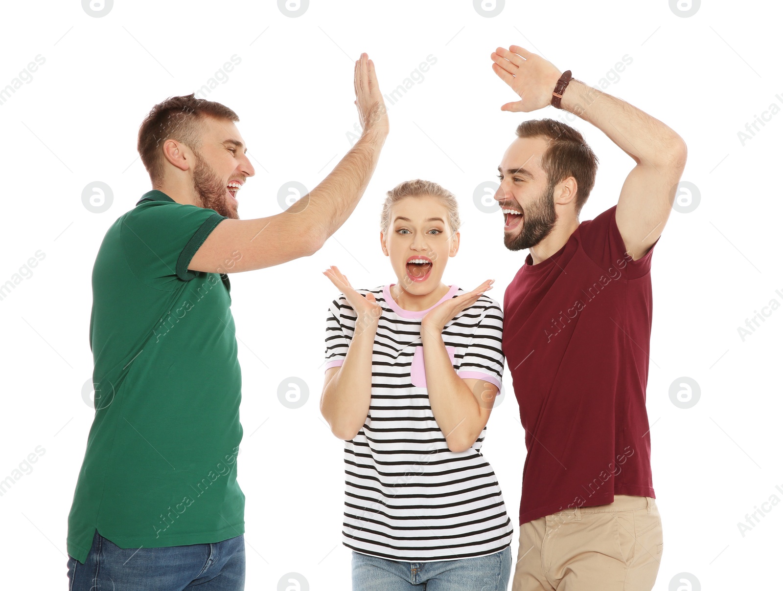 Photo of Young people celebrating victory on white background