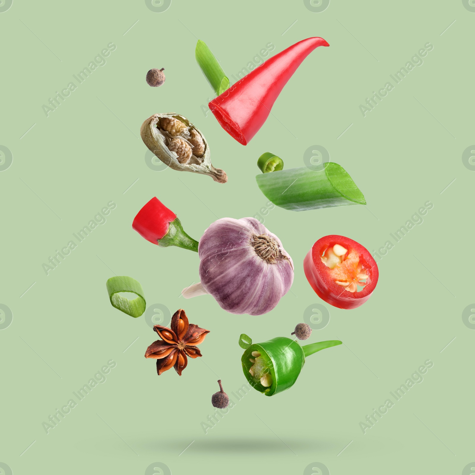 Image of Different spices falling on light green background