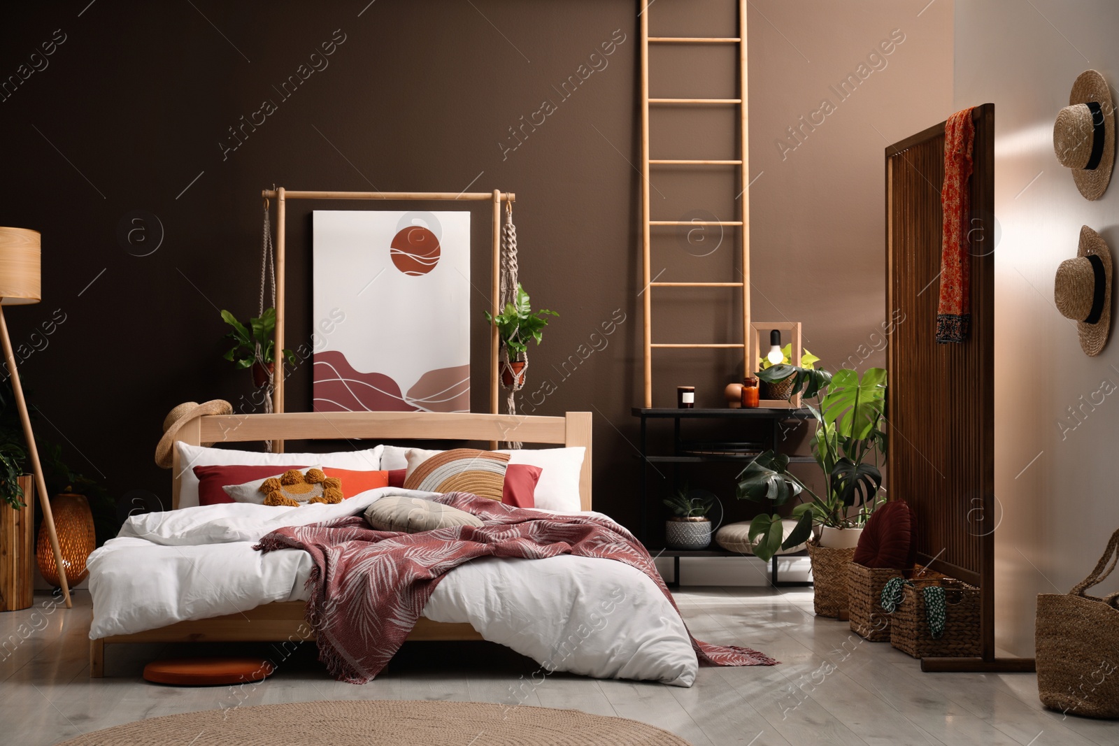 Photo of Modern interior of stylish room with large comfortable bed