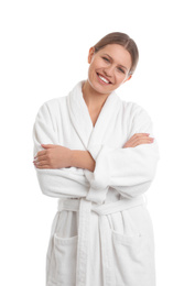 Young woman in bathrobe on white background