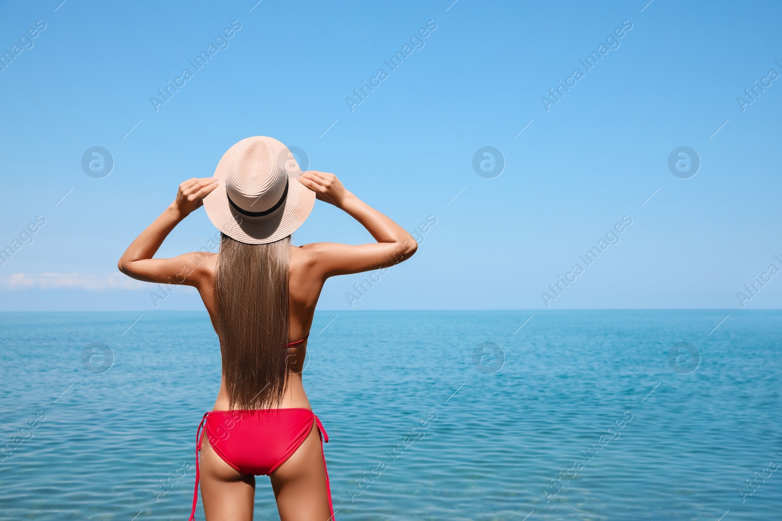 Photo of Sexy young woman in stylish bikini and straw hat on seashore, back view. Space for text