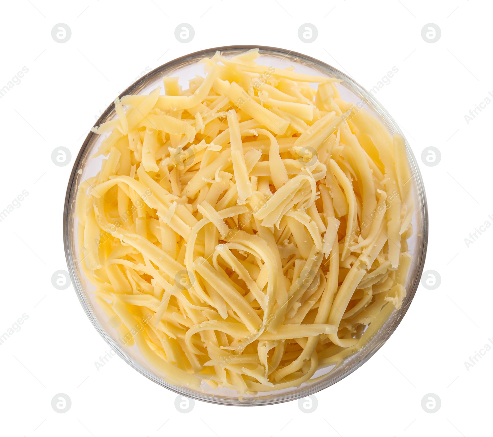 Photo of Glass bowl with grated cheese isolated on white, top view
