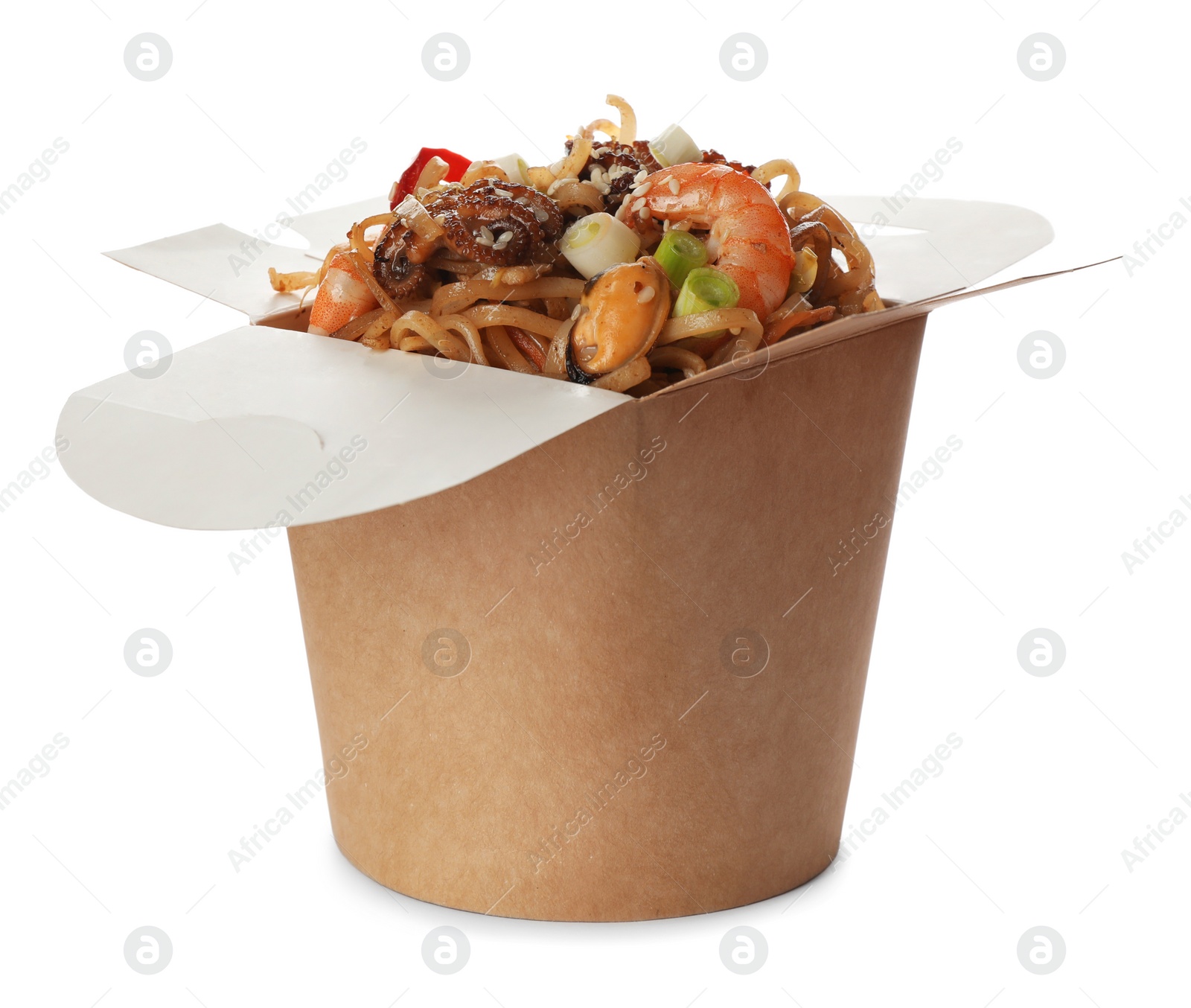 Photo of Box of wok noodles with seafood isolated on white