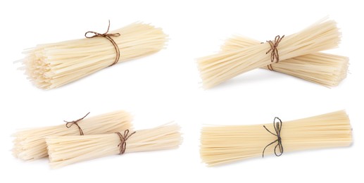 Image of Set with dried rice noodles on white background. Banner design