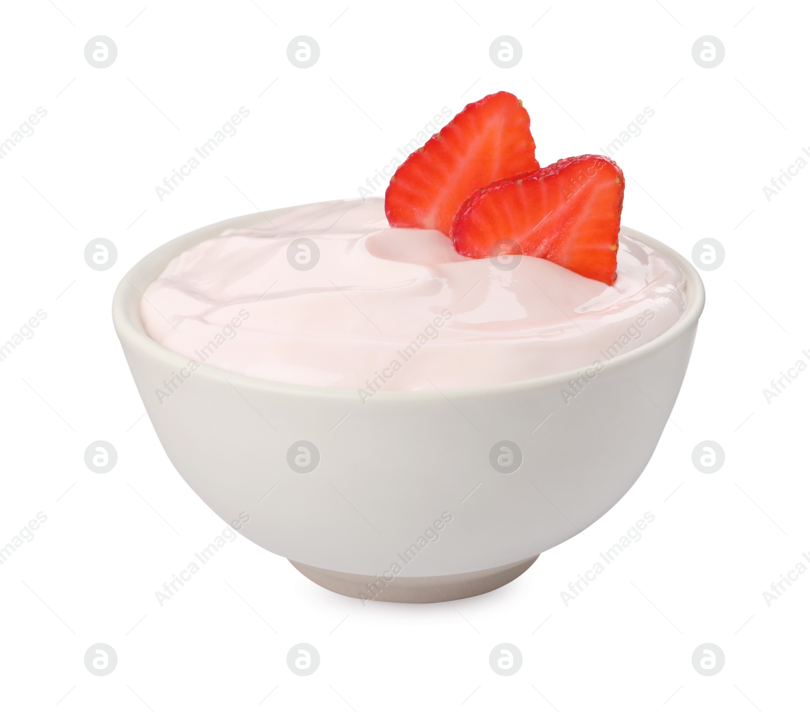 Photo of Bowl of delicious yogurt with strawberries isolated on white