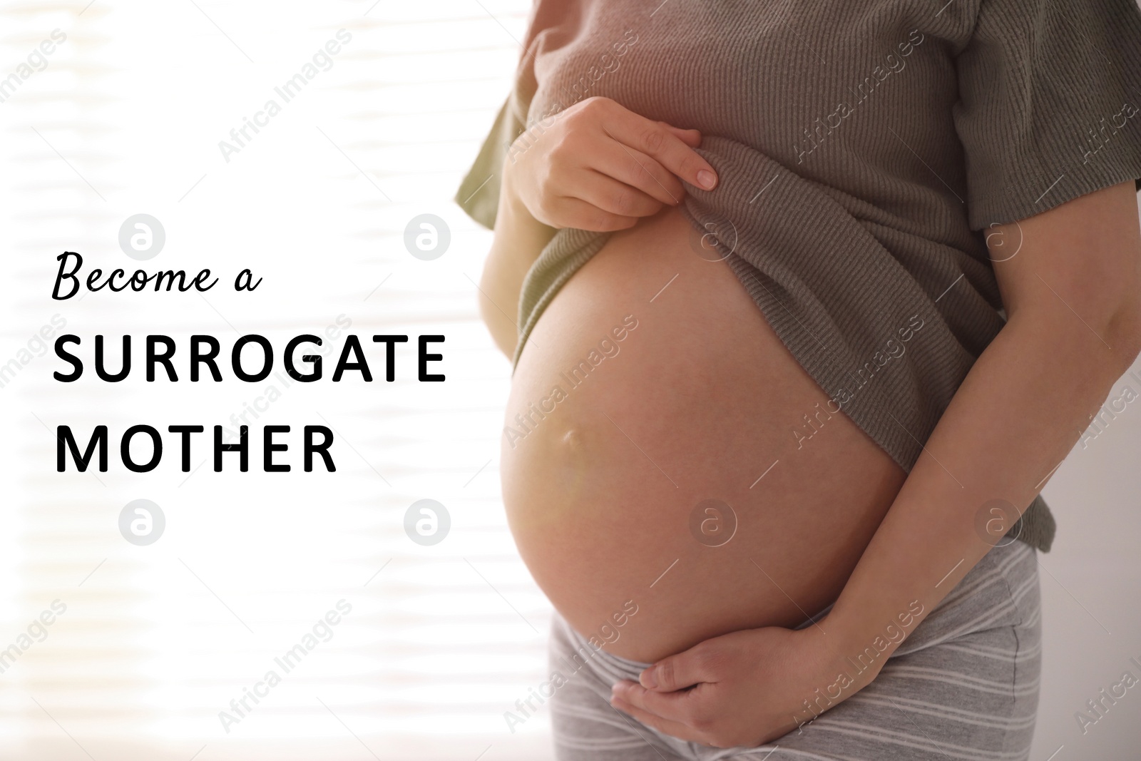 Image of Surrogate mother. Pregnant woman near window indoors, closeup