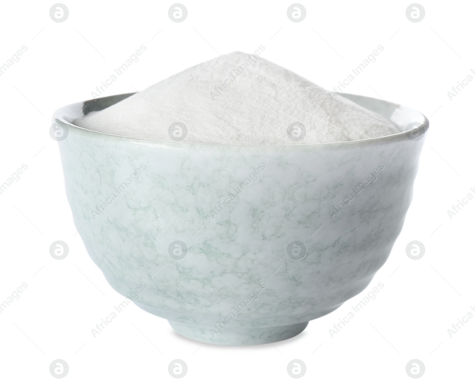 Photo of Baking soda in ceramic bowl isolated on white