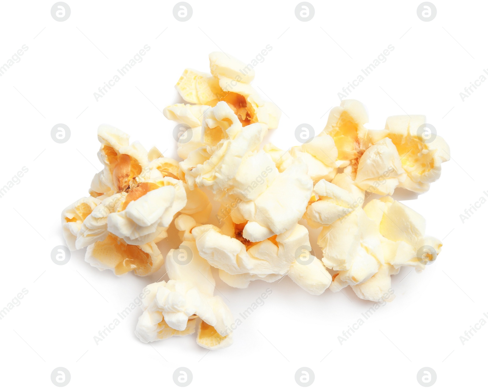 Photo of Pile of delicious salty popcorn on white background