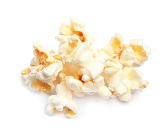 Pile of delicious salty popcorn on white background