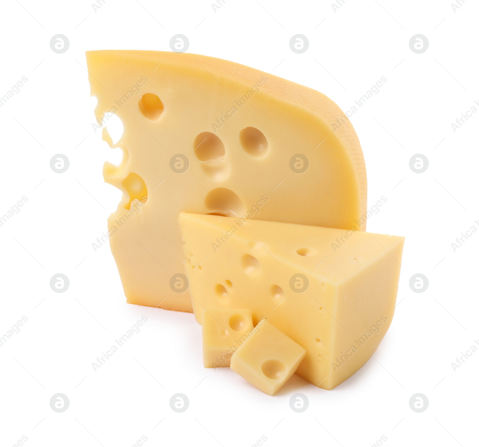 Photo of Cut fresh delicious cheese isolated on white