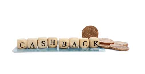 Photo of Wooden cubes with word Cashback, credit card and coins on white background