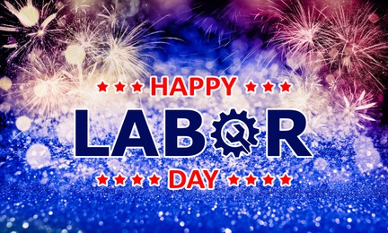 Image of Happy Labor Day. Festive background with fireworks and glitters, bokeh effect