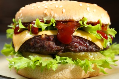 Photo of Burger with delicious patty on table, closeup