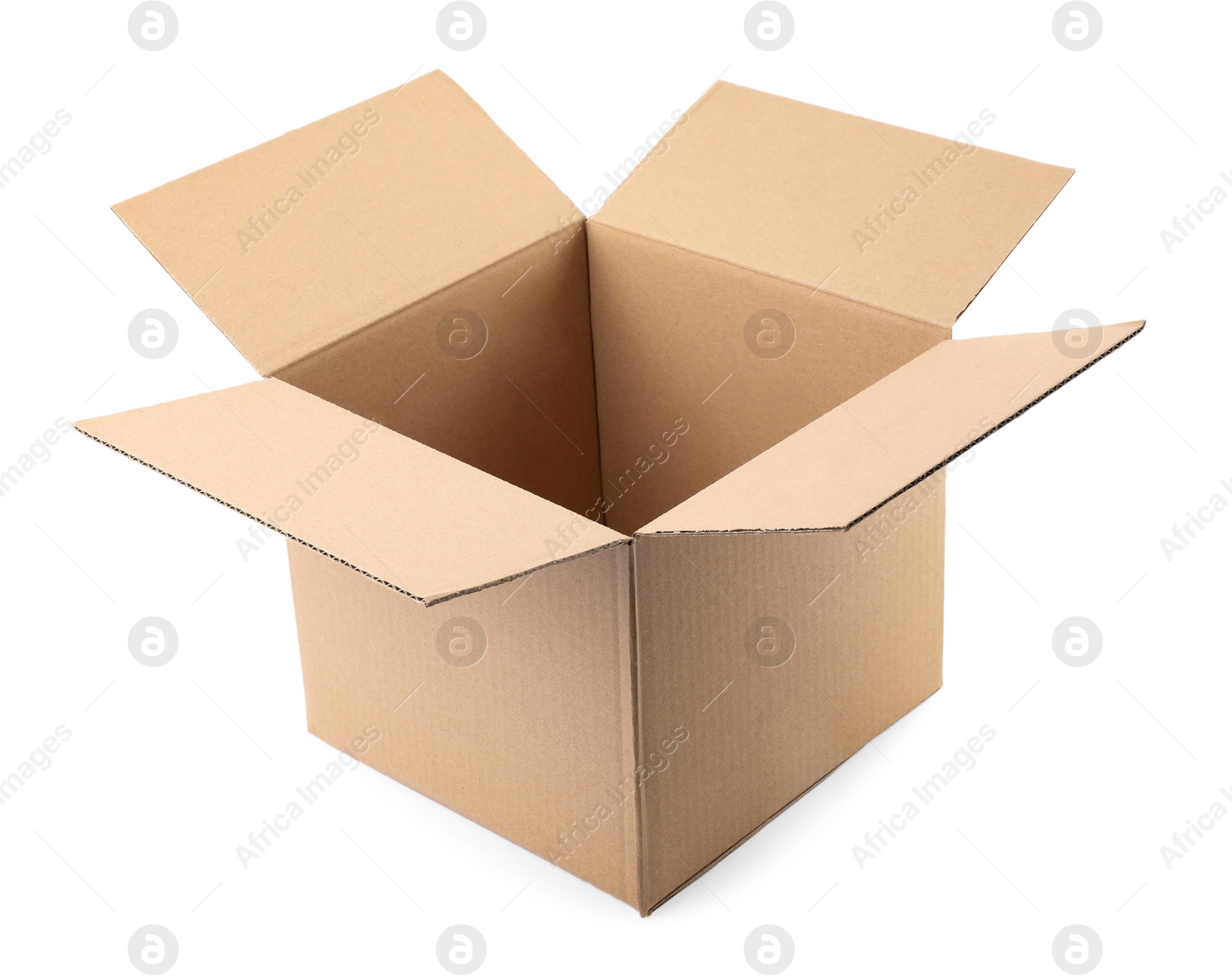 Photo of Open cardboard box on white background. Mockup for design