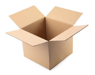 Open cardboard box on white background. Mockup for design