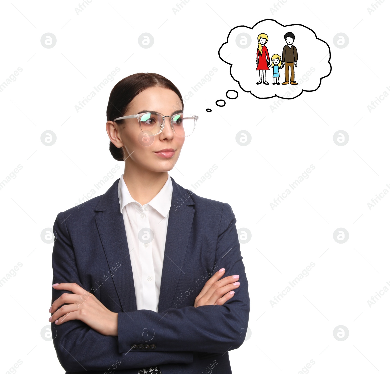 Image of Businesswoman dreaming about family on white background. Concept of balance between life and work