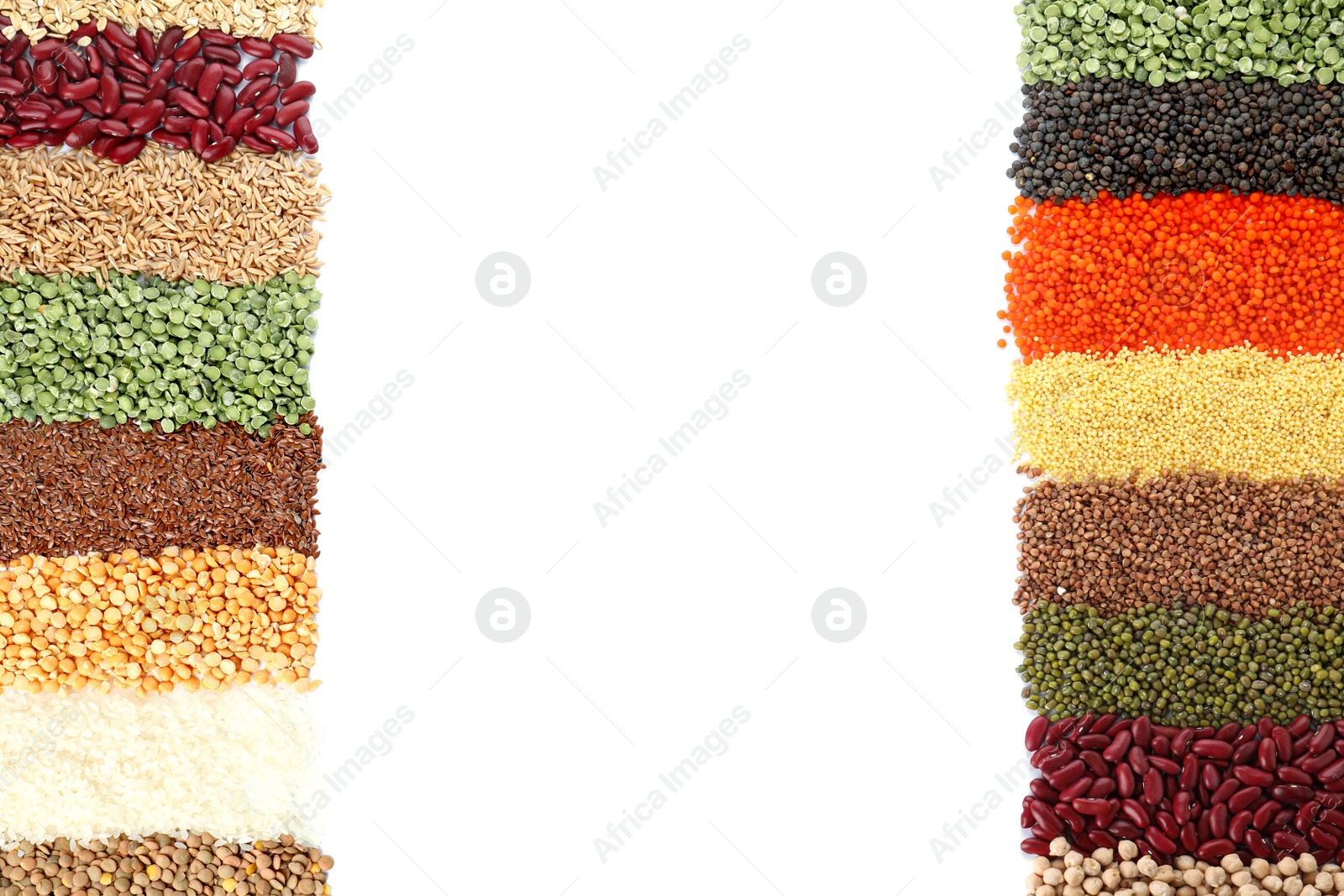 Photo of Different grains and cereals on white background, top view