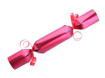 Bright red Christmas cracker isolated on white, top view