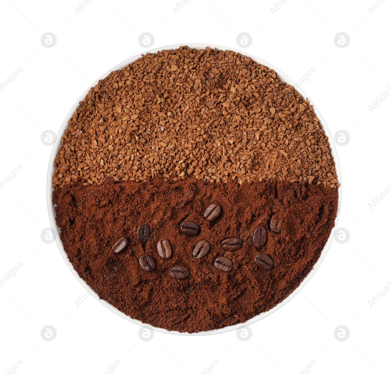 Photo of Plate with instant and ground coffee, roasted beans isolated on white, top view