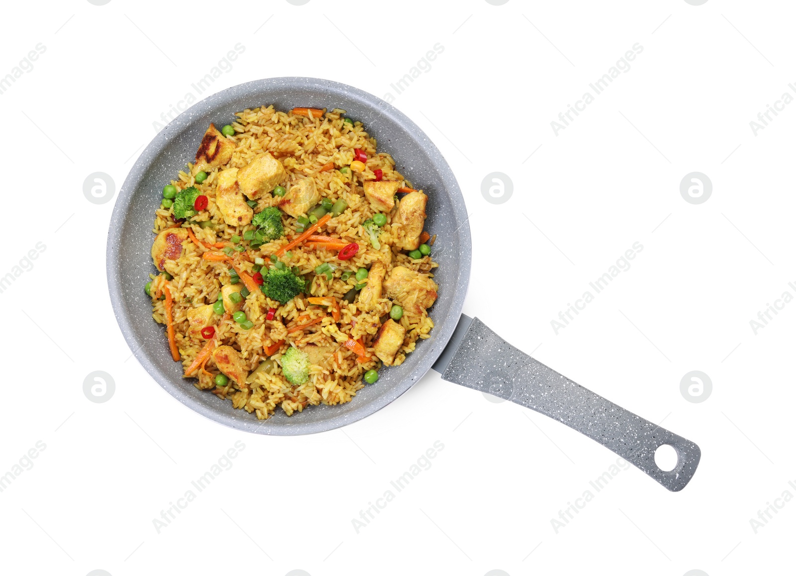 Photo of Tasty rice with meat and vegetables in frying pan isolated on white, top view
