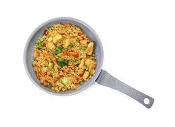 Tasty rice with meat and vegetables in frying pan isolated on white, top view