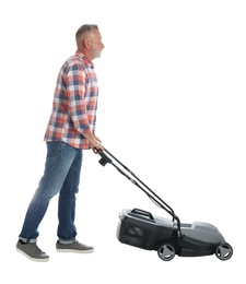 Photo of Senior man with modern lawn mower on white background