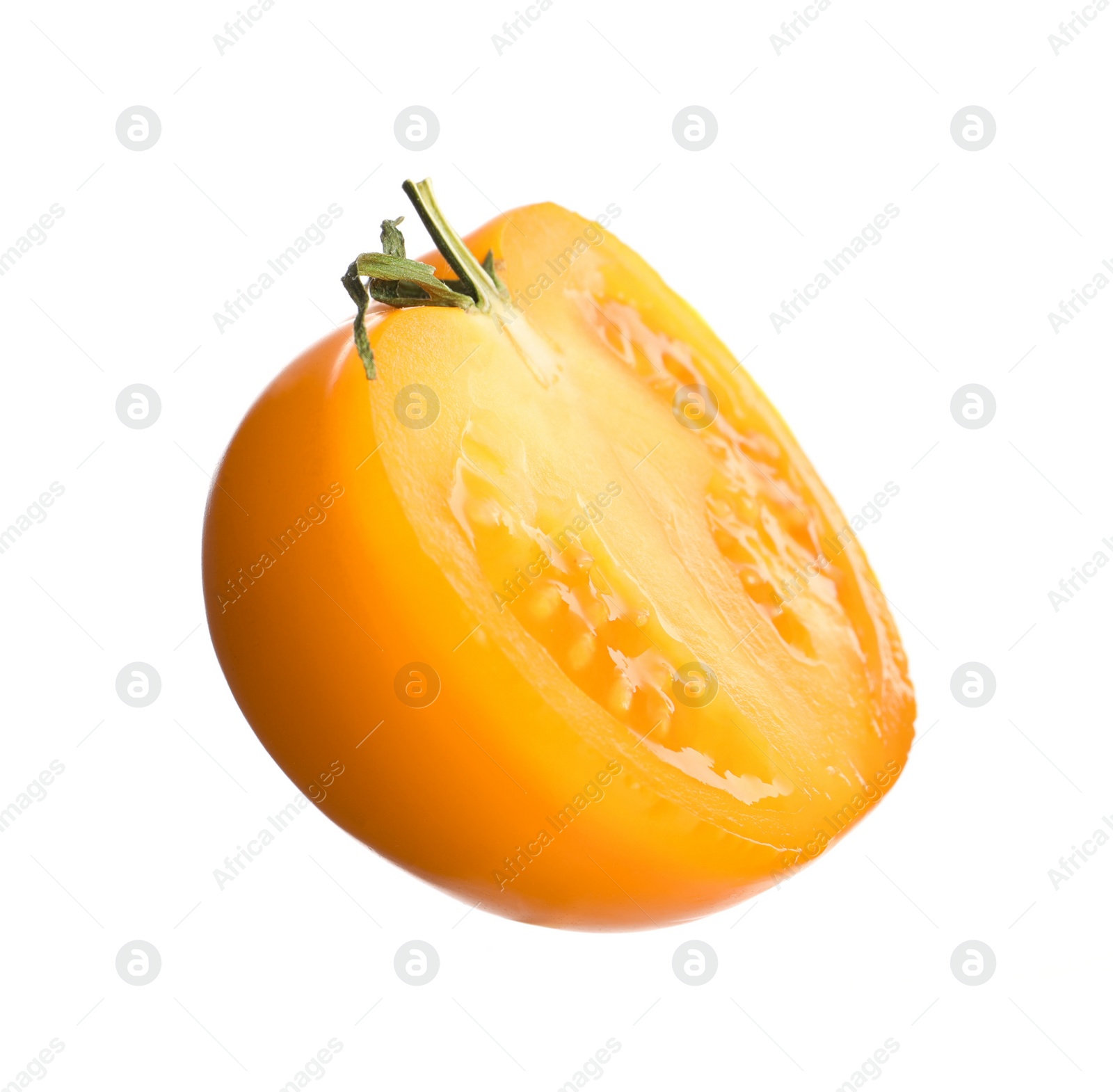 Photo of Half of fresh ripe yellow tomato isolated on white