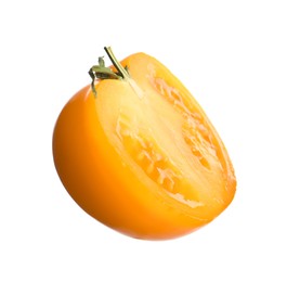 Photo of Half of fresh ripe yellow tomato isolated on white