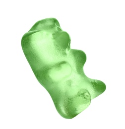 Photo of Delicious green jelly bear on white background